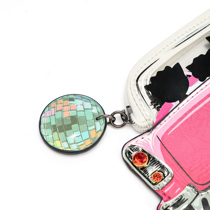 A close-up of a clear zippered pouch with a pink car graphic and a dangling round disco-ball style charm featuring a mosaic tile pattern in pastel colors, shown on a white background.