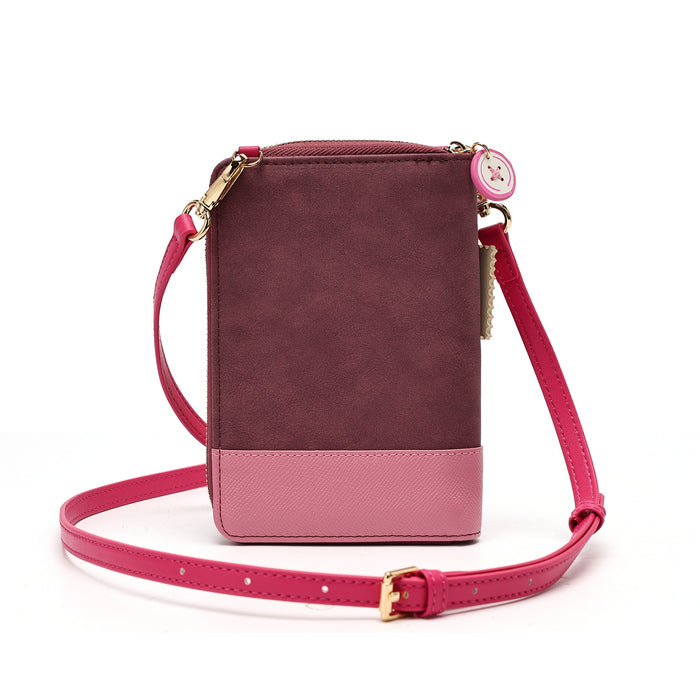 A small rectangular crossbody phone bag with a dark burgundy top section, a light pink bottom panel, and a bright pink adjustable strap with gold-tone hardware, shown on a white background.