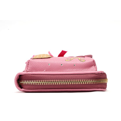 A pink textured leather zippered pouch or wallet with gold-tone hardware, shown from the side on a plain white background.