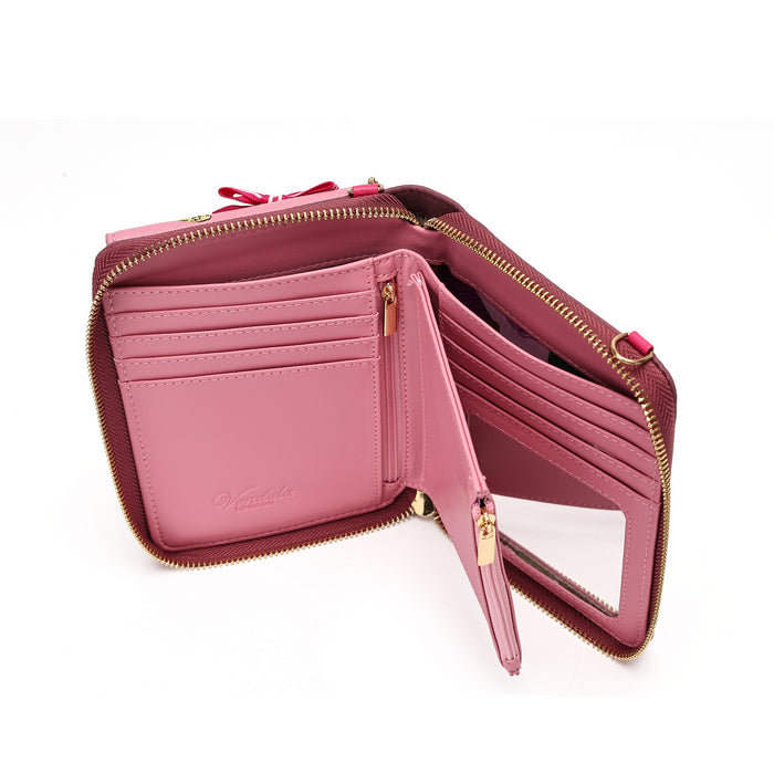 An open pink leather wallet with gold-tone zippers, multiple card slots, a mirror, and a small hanging loop, photographed on a clean white background.