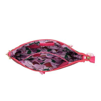 An open zippered pouch with a pink and multicolor patterned interior, shown against a plain white background.