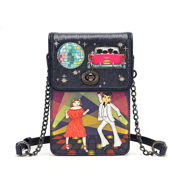 A dark navy blue crossbody phone bag featuring a retro 1960s disco theme. The top flap is decorated with a colorful disco ball patch, white star embellishments, and a pink convertible car patch.