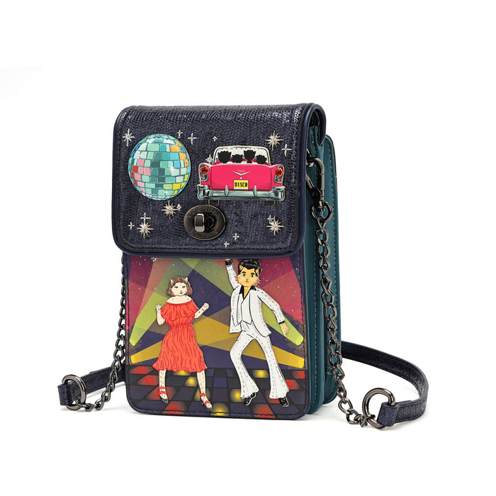A small crossbody bag with a dark navy textured flap and body, decorated with a disco ball, retro pink car, and stars. The lower half features a colorful retro illustration of a dancing couple on a stage.