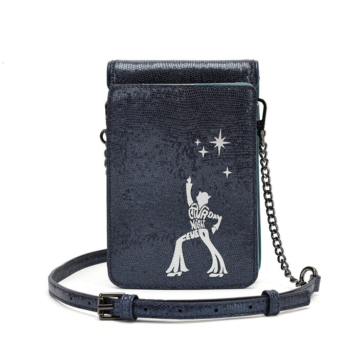 A navy blue faux-leather crossbody phone bag with a textured crocodile pattern, featuring a white graphic of a dancing figure under stars with the text 'Dance Night'. The bag has a matching adjustable shoulder strap with a silver buckle and a silver chain link accent.