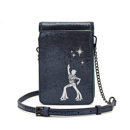 A navy blue faux-leather crossbody phone bag with a textured crocodile pattern, featuring a white graphic of a dancing figure under stars with the text 'Dance Night'. The bag has a matching adjustable shoulder strap with a silver buckle and a silver chain link accent.