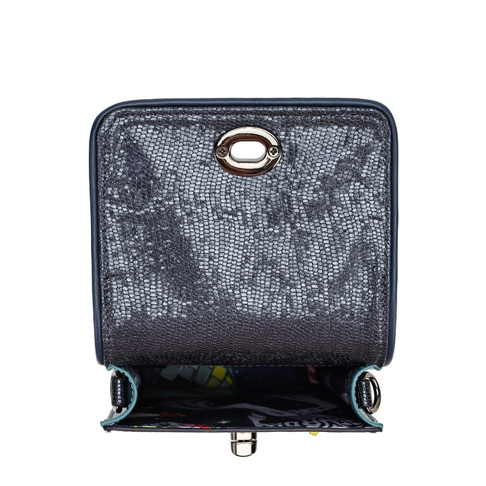 A dark gray textured faux-leather handbag shown open, featuring a silver-tone oval metal ring closure on the front flap and a colorful patterned interior lining.