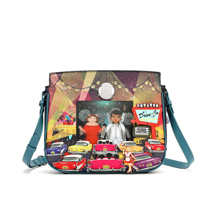 A rectangular shoulder bag with a colorful illustrated design featuring vintage cars, a theater-like scene, and a central portrait of a couple. The bag has teal-blue straps and trim, and a silver circular clasp at the top center, shown on a plain white background.