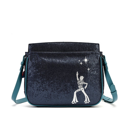 A dark navy blue glittery shoulder bag with a teal strap and a white graphic of a dancer with stars, set against a plain white background.