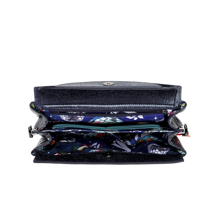 An open black leather clutch wallet with multiple interior compartments, including a colorful patterned zippered pocket and teal zipper trim, shown against a plain white background.