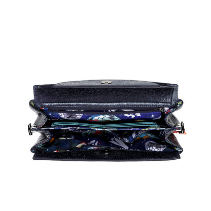 An open black leather clutch wallet with multiple interior compartments, including a colorful patterned zippered pocket and teal zipper trim, shown against a plain white background.