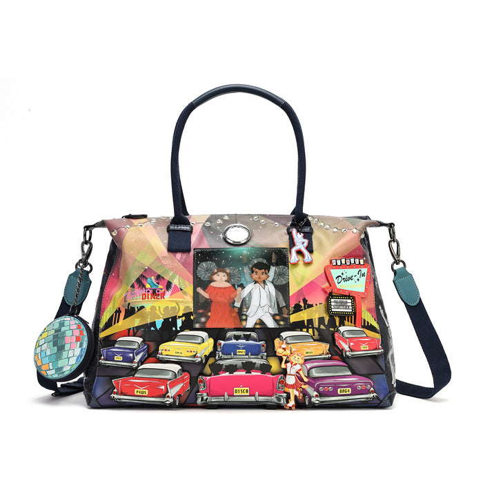 A colorful handbag featuring a retro disco-themed print with vintage cars, a disco ball charm, and a black handle, shown on a plain white background.
