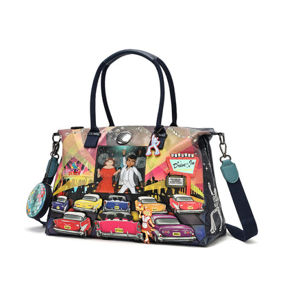 A colorful Disney-themed handbag featuring characters from The Little Mermaid, including Ariel, with vintage cars and a mermaid tail design, shown on a white background.