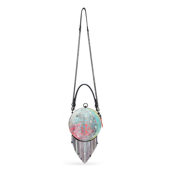 A round disco ball purse with a colorful mirrored surface, dangling fringe, and a black chain shoulder strap, shown on a plain white background.