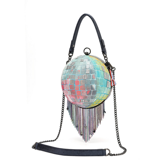 A spherical handbag designed like a disco ball, covered in colorful mirrored tiles with dangling silver chains, a black leather top handle, and a detachable black shoulder strap, shown on a plain white background.