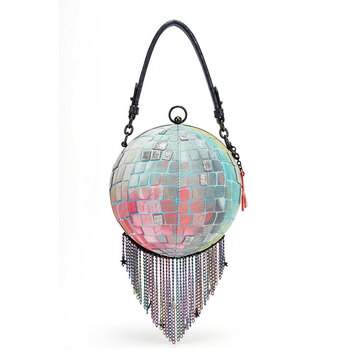 A spherical disco ball handbag with a black leather shoulder strap, covered in iridescent mirror tiles that reflect pink, blue, and green, and finished with dangling rhinestone fringe.