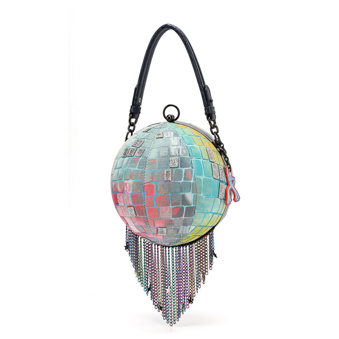 A round handbag designed like a disco ball, covered in colorful mirrored tiles with a black shoulder strap and long dangling beaded fringe, shown on a plain white background.