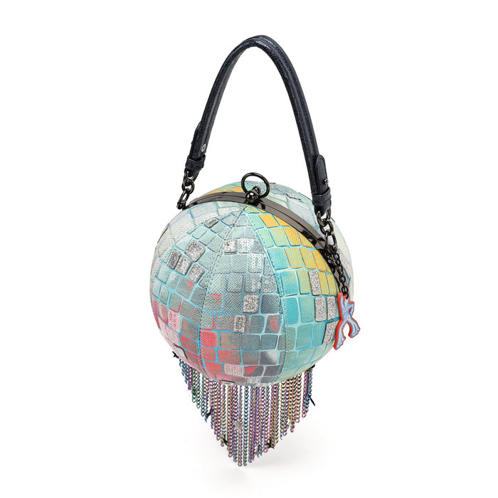 A spherical clutch handbag with a colorful mosaic tile pattern in shades of blue, green, pink, and yellow, featuring a black leather handle and dangling beaded fringe at the bottom, set against a plain white background.