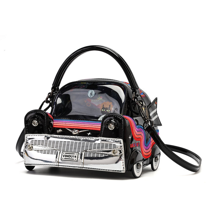 A novelty car-shaped handbag with a glossy black body, chrome silver grille, and colorful psychedelic stripes in red, blue, and yellow on the side, set against a plain white background.