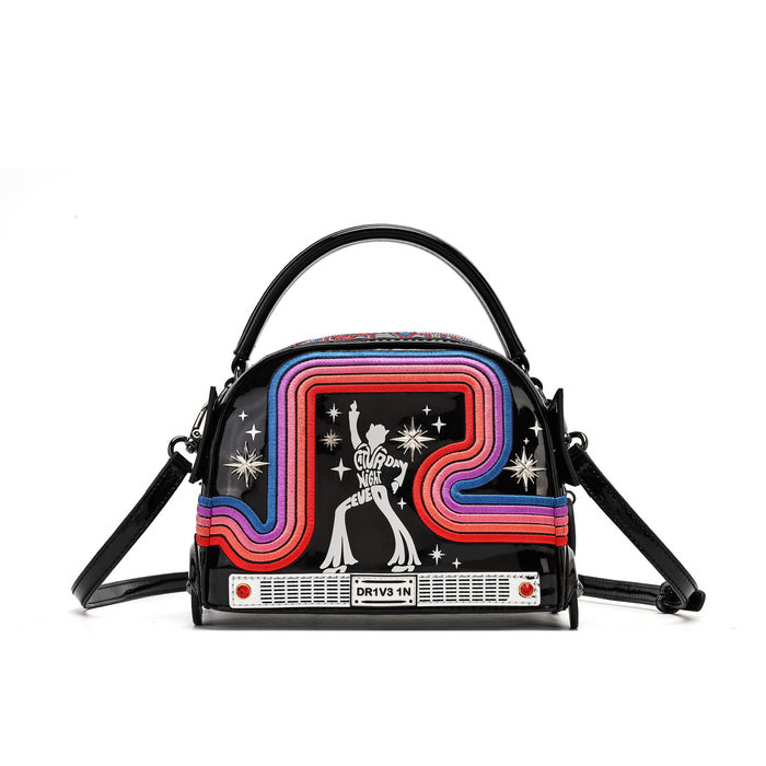 A black dome-shaped handbag with a retro 1970s design, featuring a colorful neon arch pattern in pink, purple, blue, and red, alongside a white disco ball and star graphics. The bag has a black top handle, a matching shoulder strap, and a front label that reads 'DRY VOGUE'.