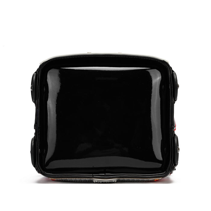 A glossy black patent leather suitcase shown from the front against a plain white background.