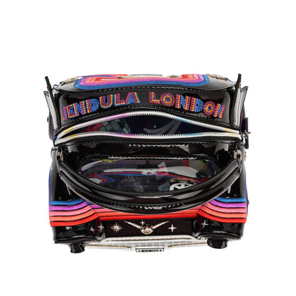 A glossy black zippered pouch shaped like a vintage car, featuring colorful striped accents, a beaded 'MIDULA LONDON' text detail on the zipper, and a clear plastic insert inside.