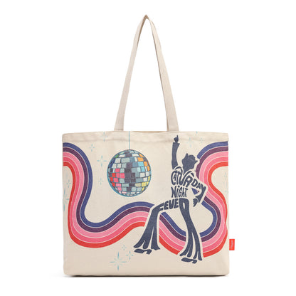 A canvas tote bag with a retro 1970s disco theme, featuring a dancing silhouette, a disco ball, and wavy pink, purple, and red lines on a cream background. The bag has two cream-colored shoulder straps and a small red tag on the right side.