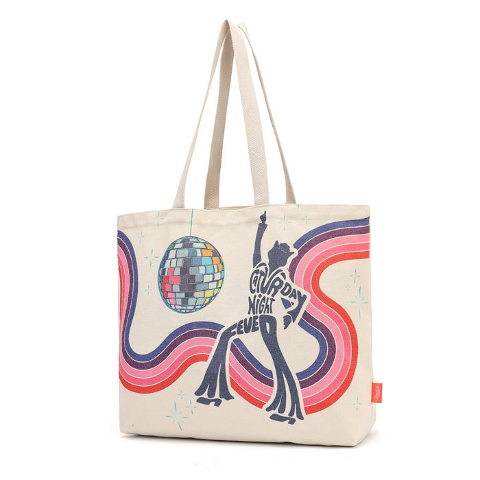 A cream-colored canvas tote bag featuring a retro 'Grrinding Night Ever' disco ball and dancer graphic in pink, purple, and navy blue, with beige shoulder straps, shown on a plain white background.