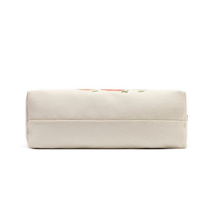 A rectangular beige fabric pouch or cosmetic bag with a subtle floral print near the top, shown against a plain white background.