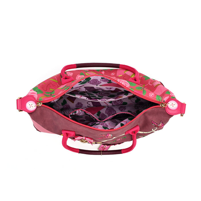 A roomy holdall for travel, busy days or carrying extra essentials, with twin handles and an adjustable detachable strap. The sewing-themed artwork combines cotton reels, ribbons, scissors and rose motifs with Pink Ribbon details, finished with hand-stitched accents.
