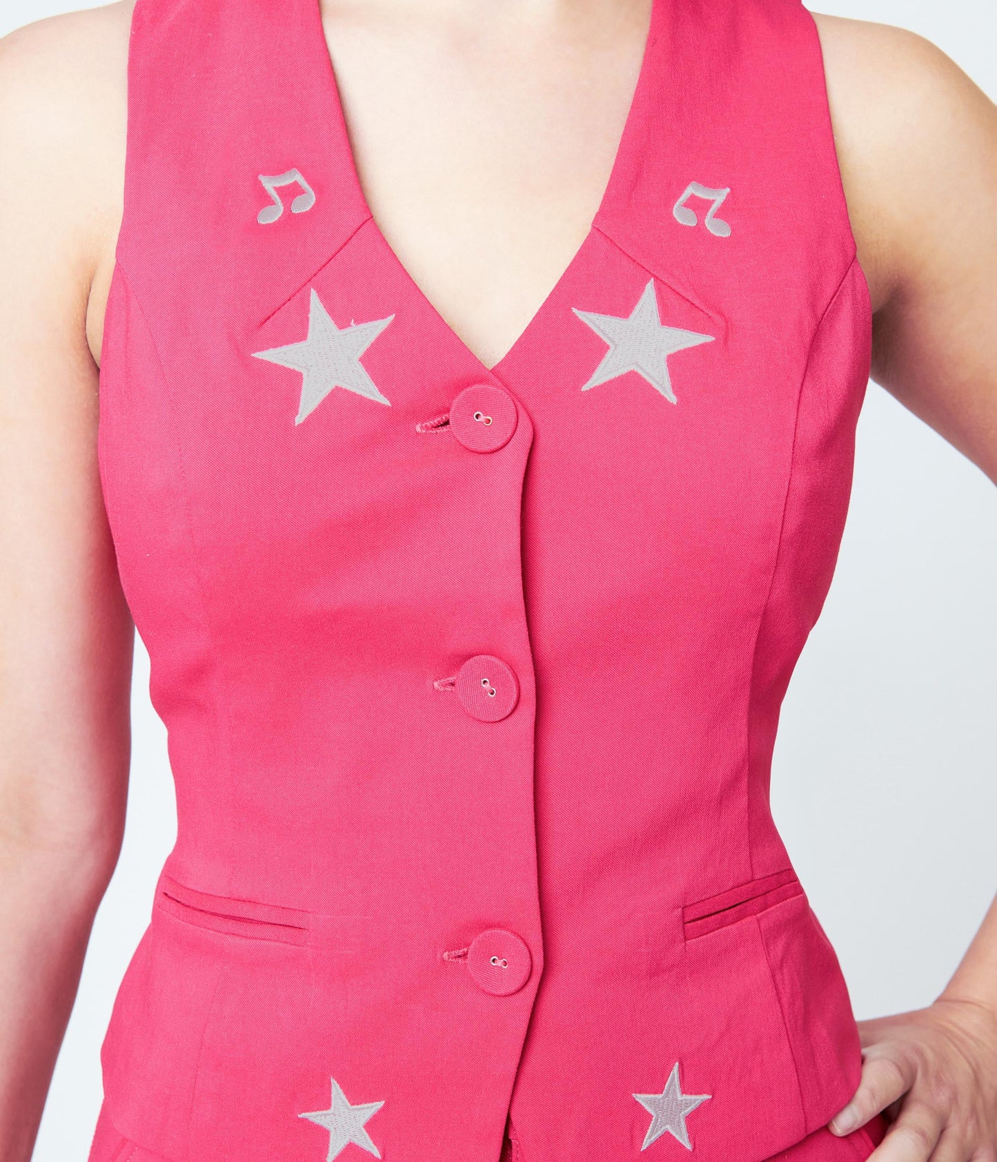 Unique Vintage Pink & Glitter Star Button Up Vest