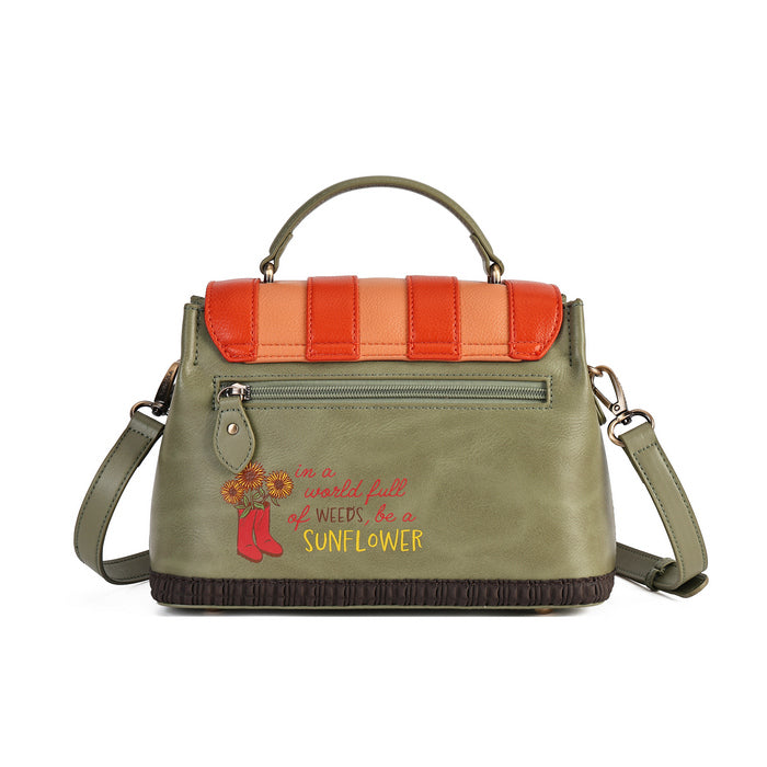 An olive green leather shoulder bag with a top handle and adjustable strap, featuring a bright orange and peach striped flap, a front zipper pocket, and a yellow and red sunflower graphic with the text 'it's a wonderful fall of weeds, be a SUNFLOWER' on the front.