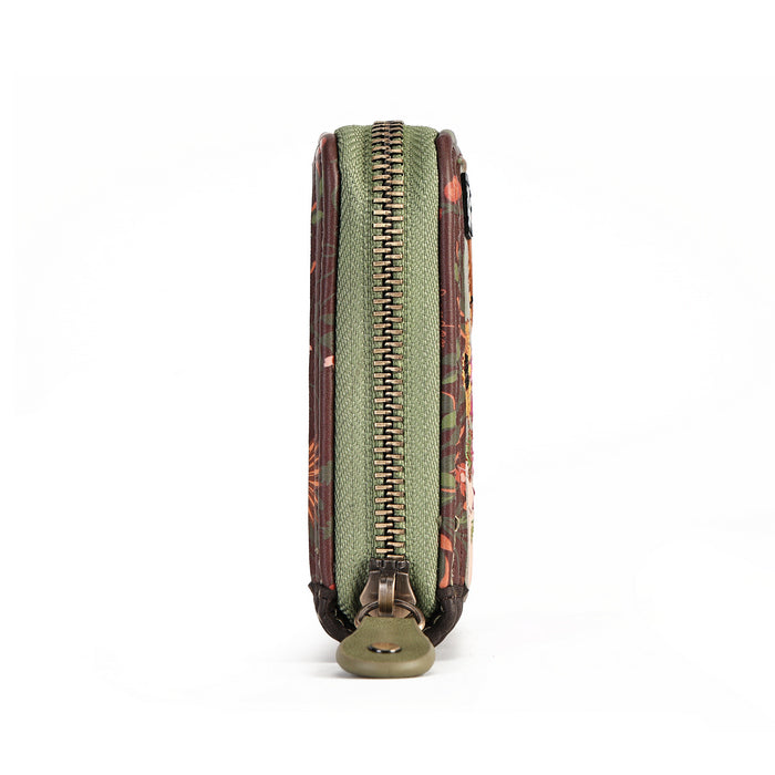 A vertical zippered pouch with a textured olive green center panel, patterned brown and orange sides, and a brass-tone zipper, shown on a plain white background.