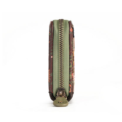 A vertical zippered pouch with a textured olive green center panel, patterned brown and orange sides, and a brass-tone zipper, shown on a plain white background.