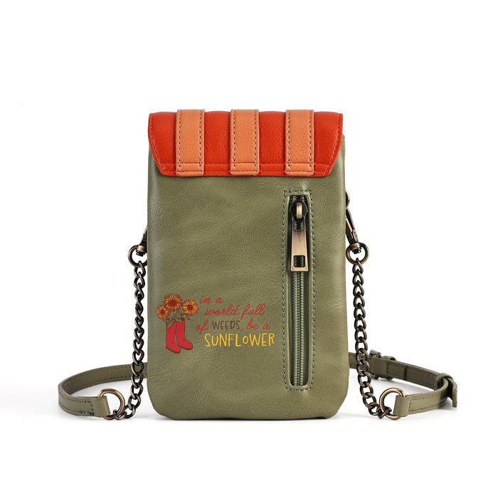 An olive green faux-leather crossbody phone bag with a bright orange flap, featuring a front zipper pocket, a decorative print of red rain boots and sunflowers, and a chain strap.