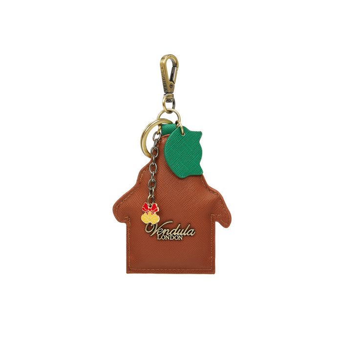 Brown leather keychain with green leaf and red flower design on a white background