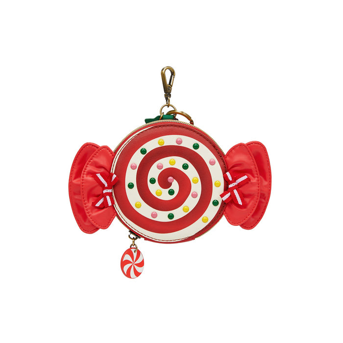Red and white candy-themed keychain on a white background