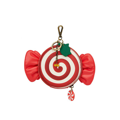 Red and white candy-themed keychain with ruffled edges on a white background