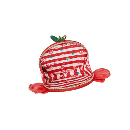 Red and white striped candy-shaped pouch with a green leaf on a white background