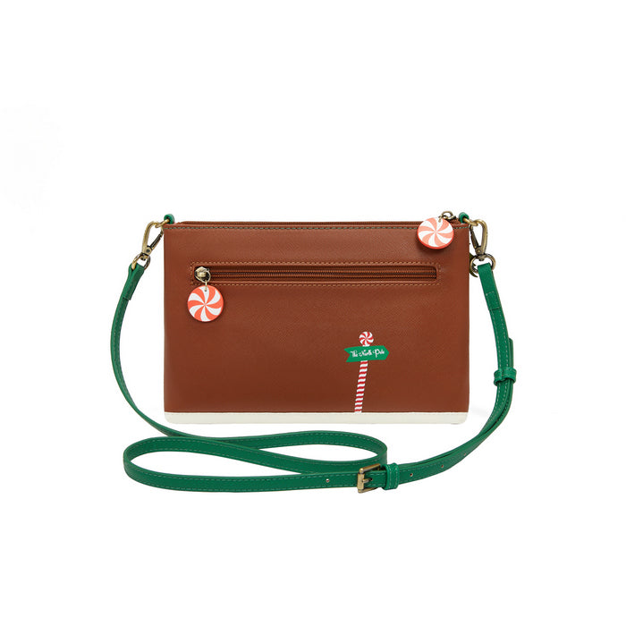 Brown crossbody bag with green strap and candy cane design on a white background