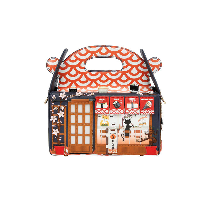 Handbag designed like a store front with various product placements on a white background