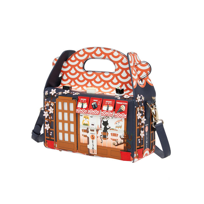 Designer handbag with a unique pattern on a white background