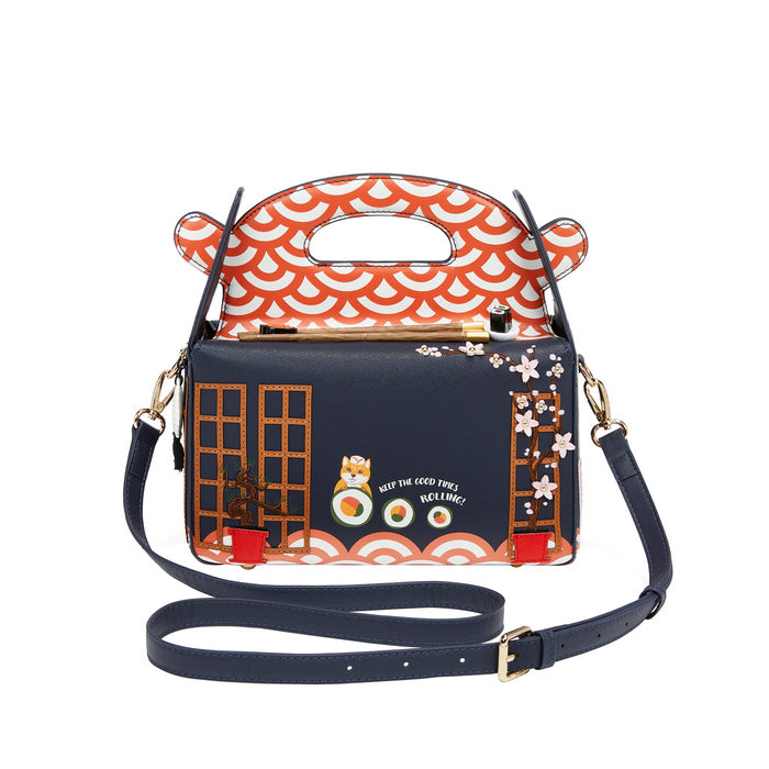 Designer handbag with unique pattern and color scheme on a white background