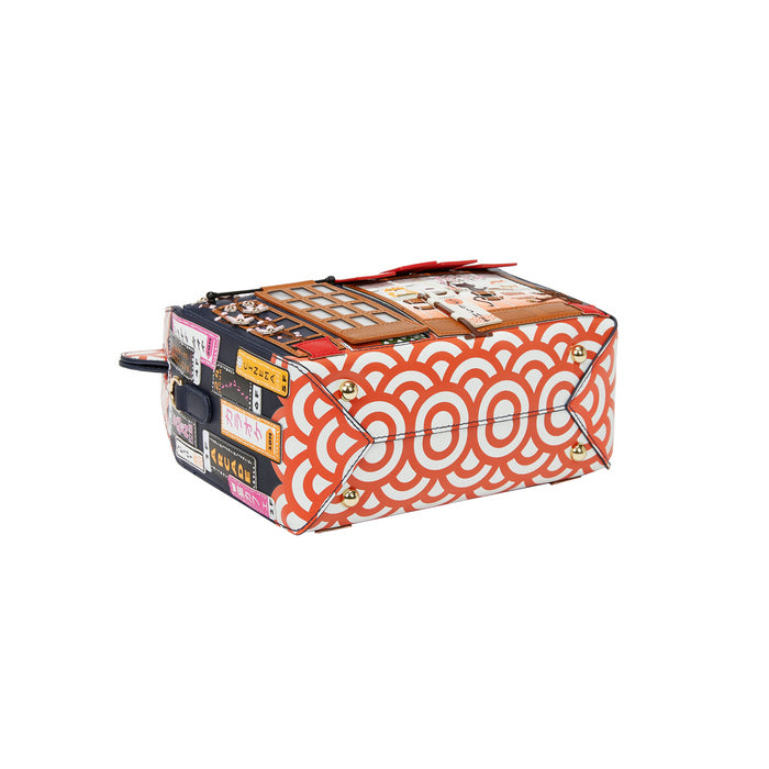 Decorative box with a red and white pattern on a white background