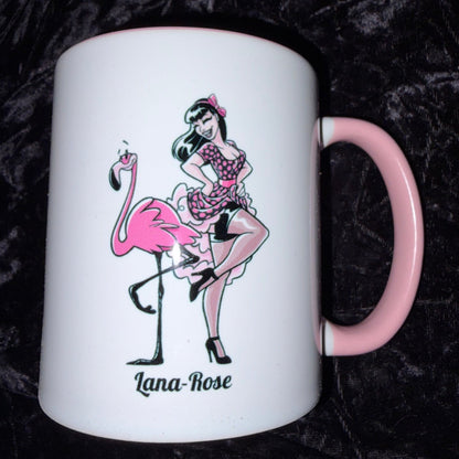 Mug with a design of a woman in a pink dress and flamingo on a black textured background