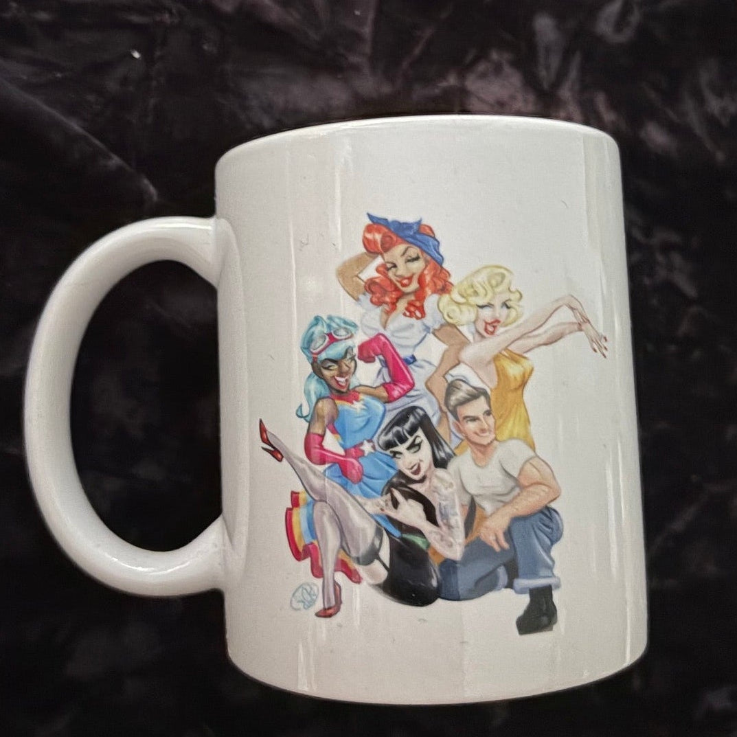 White mug with colorful character design on a dark textured background