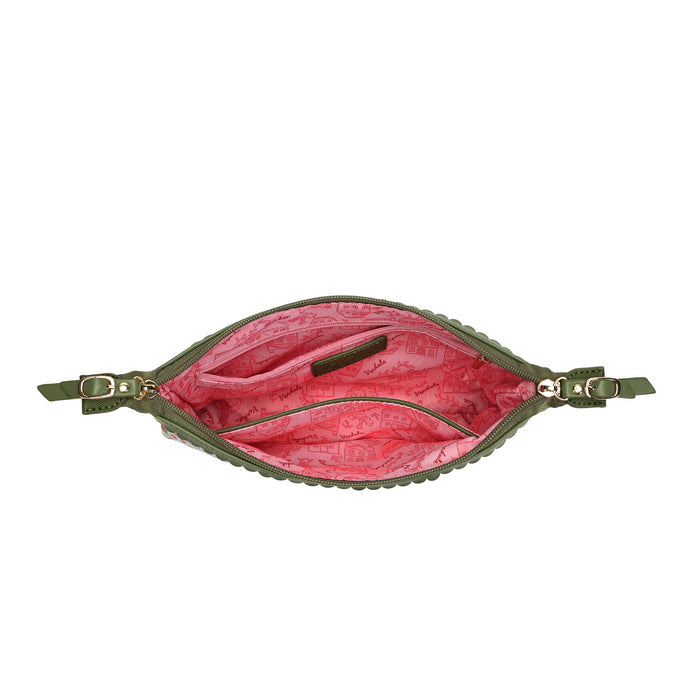 An olive green zippered pouch shown open from a top-down view, revealing a bright pink patterned interior lining.