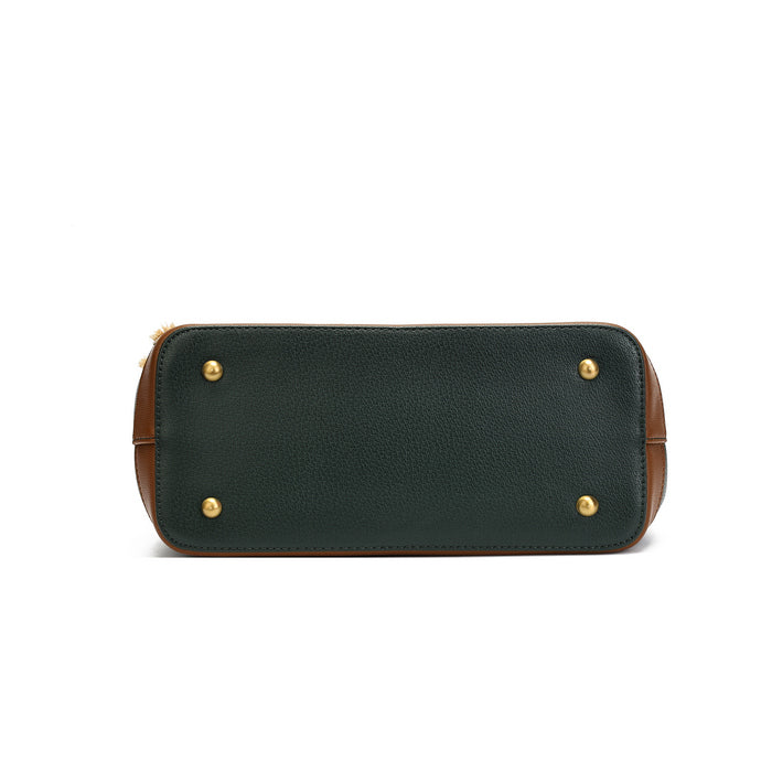 The bottom view of a dark forest green pebbled leather bag with brown leather trim and gold-tone metal studs, shown on a plain white background.