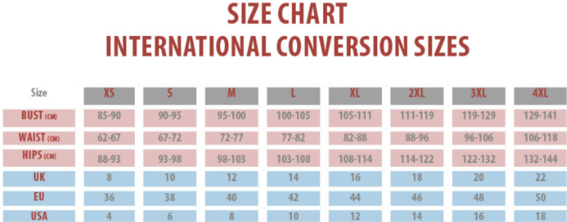 A size chart titled 'SIZE CHART INTERNATIONAL CONVERSION SIZES' showing a conversion table with rows for Bust, Waist, and Hip sizes and columns forXS, S, M, L, XL, 2XL, 3XL, and 4XL.