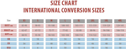 A size chart titled 'SIZE CHART INTERNATIONAL CONVERSION SIZES' showing a conversion table with rows for Bust, Waist, and Hip sizes and columns forXS, S, M, L, XL, 2XL, 3XL, and 4XL.