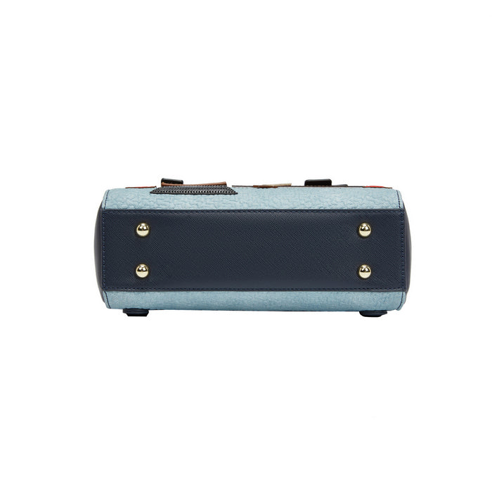 Blue and black suitcase with gold accents on a white background